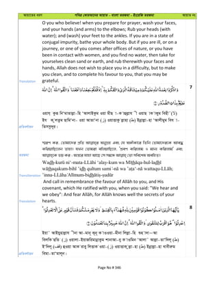 Avqv‡Zi aiY cweÎ †KviAv‡bi AvqvZ - evsjv ZiRgv - Bs‡iwR ZiRgv AvqvZ bs
Translation
O you who believe! when you prepare for prayer, wash your faces,
and your hands (and arms) to the elbows; Rub your heads (with
water); and (wash) your feet to the ankles. If you are in a state of
conjugal impurity, bathe your whole body. But if you are ill, or on a
journey, or one of you comes after offices of nature, or you have
been in contact with women, and you find no water, then take for
yourselves clean sand or earth, and rub therewith your faces and
hands, Allah does not wish to place you in a difficulty, but to make
you clean, and to complete his favour to you, that you may be
grateful.
7
cÖwZeY©vqb
Iqvh& Kziƒ wbÔgvZvjøv-wn ÔAvjvBKzg Iqv gxQ v-K vûjøvh x IqvQ vK vKyg wenx˜( )
Bh K zjZzg QvwgÔbv- Iqv AvZvÔbv ( ) IqvËvKz jøvnv ( ) Bbœvjøv-nv ÔAvjxgyg weh v-
wZmmz`~i|
ZiRgv
¯§iY Ki, †Zvgv‡`i cÖwZ AbyMÖn Ges †h A½xKv‡i wZwb †Zvgv‡`i‡K Ave×
KwiqvwQ‡jb Zvnv| hLb †Zvgiv ewjqvwQ‡j, ÔkÖeY Kwijvg I gvb¨ Kwijvg' Ges
Transliteration
Wadh- -mata- - th -hul-ladh
thaqakum- dh - - - ;
’inna- -bidh -
Translation
covenant, which He ratified with you, when you said: "We hear and
hearts.
8
cÖwZeY©vqb
Bqv˜ AvBqynvjøvh xbv Av-gvb~ K~b~ K vIIqv-gxbv wjjøøv-wn ïn v`v~Av
wejwK QwZ ( ) Iqvjv-BqvRwigvbœvKzg kvbvAv-by K vIwgb ÔAvjv˜ Avjøv-ZvÔw`j~ ( )
BÔw`j~ ( ) ûIqv AvK ivey wjËvK Iqv-( ) IqvËvK zjøv-nv ( ) Bbœvjøv-nv Lvexiæg
wegv-ZvÔgvj~b|
Page No # 346
 