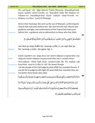Avqv‡Zi aiY cweÎ †KviAv‡bi AvqvZ - evsjv ZiRgv - Bs‡iwR ZiRgv AvqvZ bs
Transliteration
Wa th
bayna yadayhi wa Hudanw-wa
bayna yadayhi wa
Translation
And in their footsteps We sent Isa the son of Maryam, confirming the
Tawrat that had come before him: We sent him the Injil: therein was
guidance and light, and confirmation of the Tawrat that had come
before him: a guidance and an admonition to those who fear Allah.
47
cÖwZeY©vqb
Iqvj Bqvn Kzg Avnjyj BsRxwj wegv˜AvsSvjvjøv-û dxwn ( ) Iqv gvjøvg Bqvn Kzg
wegv˜AvsSvjvjøv-û dvDjv~BKv ûgyjdv-wQK~ b|
ZiRgv
Bb&Rxj-AbymvwiMY †hb, Dnv‡Z hvnv AeZxY© Kwiqv‡Qb Z`bymv‡i weavb †`q|
Transliteration
Wa mallam
Translation (no better than) those who rebel.
48
Page No # 369
 