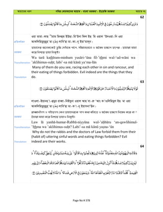 Avqv‡Zi aiY cweÎ †KviAv‡bi AvqvZ - evsjv ZiRgv - Bs‡iwR ZiRgv AvqvZ bs
62
cÖwZeY©vqb
Iqv Zviv-KvQ xivg wgbûg BDQv-wiÔDbv wdj BQ wg Iqvj ÔD`Iqv-wb Iqv
AvKwjwngyQ&Qyn Zv ( ) jvweÕQv gv-Kv-b~ BqvÔgvj~b|
ZiRgv
Zvnv‡`i A‡bK‡KB Zzwg †`wL‡e cv‡c, mxgvjsN‡b I A‰ea f¶‡Y Zrci ; Zvnviv hvnv
K‡i wbðq Zvnv wbK…ó|
Transliteration
Wa kath fil-’ithmi wa
Translation
Many of them do you see, racing each other in sin and rancour, and
their eating of things forbidden. Evil indeed are the things that they
do.
63
cÖwZeY©vqb
jvIjv-Bqvbn v-ûgyi iveŸv-wbBq~bv Iqvj Avn ev-iæ ÔAvs K vIwjwngyj BQ gv Iqv
AvKwjwngyQ&Qyn& Zv ( ) jvweÕQv gv-K v-b~ BqvmbvÔEb|
ZiRgv
iveŸvbxMY I cwÊZMY †Kb Zvnv‡`i‡K cvc K_v ewj‡Z I A‰ea f¶‡Y wb‡la K‡i bv ?
Bnviv hvnv K‡i wbðq ZvnvI wbK…ó|
Transliteration
Law ‘an-qawlihimul-
’Ith
Translation
Why do not the rabbis and the doctors of Law forbid them from their
(habit of) uttering sinful words and eating things forbidden? Evil
indeed are their works.
64
Page No # 378
 