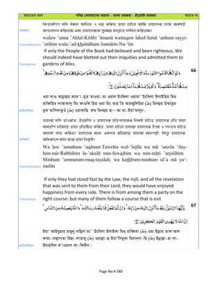 Avqv‡Zi aiY cweÎ †KviAv‡bi AvqvZ - evsjv ZiRgv - Bs‡iwR ZiRgv AvqvZ bs
ZiRgv
wKZvexMY hw` Cgvb AvwbZ I fq KwiZ Zvnv nB‡j Avwg Zvnv‡`i †`vl Aek¨B
Ac‡bv`b KwiZvg Ges Zvnv‡`i‡K myLgq Rvbœv‡Z `vwLj KwiZvg|
Transliteration
walaw ’anna wattaqaw ‘anhum sayyi-
’atihim wala-’ad-kh
Translation
If only the People of the Book had believed and been righteous, We
should indeed have blotted out their iniquities and admitted them to
gardens of bliss.
66
cÖwZeY©vqb
Iqv jvI Avbœvûg AvK v-gyZ ZvIiv-Zv Iqvj BswRjv Iqvgv˜DswSjv BjvBwng wgi
ivweŸwng jvAvKvj~ wgs dvIwK wng Iqv wgs Zvn wZ AviRywjwng ( ) wgbûg D¤§vZzg
gyK Zvwm`vZzIu ( ) IqvKvwQ iæg wgbûg Qv~Av gv-BqvÔgvj~b|
ZiRgv
Zvnviv hw` ZvIivZ, Bb&Rxj I Zvnv‡`i cÖwZcvj‡Ki wbKU nB‡Z Zvnv‡`i cÖwZ hvnv
AeZxY© nBqv‡Q Zvnv cÖwZwôZ KwiZ, Zvnv nB‡j Zvnviv Zvnv‡`i Dci I c`Zj nB‡Z
Avnvh© jvf KwiZ| Zvnv‡`i g‡a¨ GK`j iwnqv‡Q hvnviv ga¨cš’x; wKš—z Zvnv‡`i
AwaKvsk hvnv K‡i Zvnv wbK…ó|
Transliteration
Wa law ’annahum wa ’unzila ’ilay-
him-mir-Rabbihim min-fawqihim wa ’arjulihim.
Minhum wa kath ya‘-
Translation
that was sent to them from their Lord, they would have enjoyed
happiness from every side. There is from among them a party on the
right course: but many of them follow a course that is evil.
67
cÖwZeY©vqb
Bqv˜AvBqynvi ivQ~jy evwjøM gv˜ Dswhjv BjvBKv wgi& ivweŸKv ( ) Iqv Bjøvg ZvdÔAvj
dvgv-evjøvMZv wiQv-jvZvn~ ( ) Iqvjøv-û BqvÔwmgyKv wgbvb&bv-wQ ( ) Bbœvjøv-nv jv-
Bqvnw`j K vIgvj Kv-wdixb|
Page No # 380
 