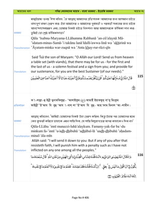 Avqv‡Zi aiY cweÎ †KviAv‡bi AvqvZ - evsjv ZiRgv - Bs‡iwR ZiRgv AvqvZ bs
ZiRgv
gvi&Bqvg-Zbq ÔCmv ewjj, Ô†n Avgv‡`i cÖwZcvjK! Avgv‡`i Rb¨ Avmgvb nB‡Z
Lv`¨c~Y© LvÂv †cÖiY Ki; Bnv Avgv‡`i I Avgv‡`i c~e©eZx© I cieZx© mK‡ji Rb¨ nB‡e
Avb‡›`vrme¯^iƒc Ges †Zvgvi wbKU nB‡Z wb`k©b| Avi Avgv‡`i‡K RxweKv `vb Ki;
ZzwgB †Zv †kªô RxweKv`vZv|'
Transliteration
-Maryama- - -
’idatam-minas- - awwa- kh
-minka war- khay-rur- -
Translation
a table set (with viands), that there may be for us - for the first and
the last of us - a solemn festival and a sign from you; and provide for
our sustenance, for you are the best Sustainer (of our needs)."
115
cÖwZeY©vqb
K v-jvjøv-û Bbœx gybvSwSjyûv- ÔAvjvBKzg ( ) dvgvBu BqvKdzi& evÔ`y wgsKzg
dvBbœx˜DÔAvh wh eyû ÔAvh v-evj& jv˜DÔAvh wh eyû- Avn v`vg wgbvj ÔAv-jvgxb|
ZiRgv
ewj‡jb, ÔAvwgB †Zvgv‡`i wbKU Dnv †cÖiY Kwie; wKš—z Bnvi ci †Zvgv‡`i g‡a¨
†Kn Kzdix Kwi‡j Zvnv‡K Ggb kvw¯— w`e, †h kvw¯— wek¦RM‡Zi Aci Kvnv‡KI w`e bv|'
Transliteration
- - . Famany-yak- -du
minkum fa- adh-dh dh - dh-dh -
minal -
Translation
resisteth faith, I will punish him with a penalty such as I have not
inflicted on any one among all the peoples."
116
Page No # 406
 