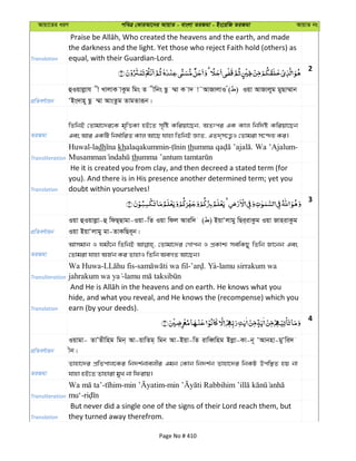 Avqv‡Zi aiY cweÎ †KviAv‡bi AvqvZ - evsjv ZiRgv - Bs‡iwR ZiRgv AvqvZ bs
Translation
the darkness and the light. Yet those who reject Faith hold (others) as
equal, with their Guardian-Lord.
2
cÖwZeY©vqb
ûIqvjøvh x LvjvK vKzg wgs Z xwbs Qz ¤§v K v` v˜AvRvjvI u( ) Iqv AvRvjyg gyQv¤§vb
ÔBs`vn~ Qz ¤§v AvsZzg ZvgZviƒb|
ZiRgv
wZwbB †Zvgv‡`i‡K g„wËKv nB‡Z m„wó Kwiqv‡Qb, AZtci GK Kvj wbw`©ó Kwiqv‡Qb
Ges Avi GKwU wba©vwiZ Kvj Av‡Q hvnv wZwbB ÁvZ, GZ`&m‡Ë¡I †Zvgiv m‡›`n Ki|
Transliteration
Huwal-ladh khalaqakummin- th . Wa ’Ajalum-
th
Translation
He it is created you from clay, and then decreed a stated term (for
you). And there is in His presence another determined term; yet you
doubt within yourselves!
3
cÖwZeY©vqb
Iqv ûIqvjøv-û wdQ&Qvgv-Iqv-wZ Iqv wdj Aviw` ( ) BqvÔjvgy wQi&ivKzg Iqv RvnivKzg
Iqv BqvÔjvgy gv-ZvKwQe~b|
ZiRgv
Avmgvb I hgx‡b wZwbB †Zvgv‡`i †Mvcb I cÖKvk¨ mewKQy wZwb Rv‡bb Ges
†Zvgiv hvnv AR©b Ki ZvnvI wZwb AeMZ Av‡Qb|
Transliteration
Wa Huwa- - - . Ya-lamu sirrakum wa
-
Translation
hide, and what you reveal, and He knows the (recompense) which you
earn (by your deeds).
4
cÖwZeY©vqb
Iqvgv- ZvÕZxwng wgb& Av-qvwZg& wgb Av-Bqv-wZ ivweŸwng Bjøv-Kv-b~ ÔAvbnv-gyÔwi`
xb|
ZiRgv
Zvnv‡`i cÖwZcvj‡Ki wb`k©bvejxi Ggb †Kvb wb`k©b Zvnv‡`i wbKU Dcw¯’Z nq bv
hvnv nB‡Z Zvnviv gyL bv wdivq|
Transliteration
- - -
mu‘-
Translation
But never did a single one of the signs of their Lord reach them, but
they turned away therefrom.
Page No # 410
 