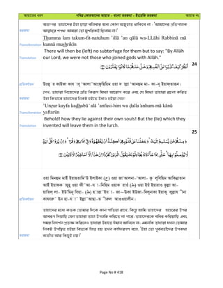 Avqv‡Zi aiY cweÎ †KviAv‡bi AvqvZ - evsjv ZiRgv - Bs‡iwR ZiRgv AvqvZ bs
ZiRgv
AZtci Zvnv‡`i Bnv Qvov ewjevi Ab¨ †Kvb ARynvZ _vwK‡e bv : ÔAvgv‡`i cÖwZcvjK
Transliteration
Thumma lam takum-fit-natuhum ’an
sh
Translation
24
cÖwZeY©vqb DsRy i KvBdv Kvh ve~ ÔAvjv˜AvsdzwQwng Iqv ` vjøv ÔAvbûg gv- Kv-b~ Bqvd&Zviƒb|
ZiRgv
†`L, Zvnviv wb‡R‡`i cÖwZ wKiƒc wg_¨v Av‡ivc K‡i Ges †h wg_¨v Zvnviv iPbv KwiZ
Dnv wKfv‡e Zvnv‡`i wbKU nB‡Z DavI nBqv †Mj!
Transliteration
dh - -
Translation
Behold! how they lie against their own souls! But the (lie) which they
invented will leave them in the lurch.
25
cÖwZeY©vqb
Iqv wgbûg gvBu BqvQZvwgÔD BjvBKv ( ) Iqv RvÔAvjbv-ÔAvjv- Kz j~wewng AvwKbœvZvb
AvBu BqvdK vn~ny Iqv dx˜Av-h v-wbwng IqvK ivIu ( ) Iqv Bqu BqvivI Kzjøv Av-
qvwZj& jv- BDÕwgb~ wenv- ( ) n vËv˜Bh v- Rv~EKv BDRv-w`j~bvKv BqvK~ jyjøvh xbv
Kvdviæ˜ Bb nv-h v˜ Bjøv˜AvQv-Z xiæj AvIIqvjxb|
ZiRgv
Zvnv‡`i g‡a¨ KZK †Zvgvi w`‡K Kvb cvwZqv iv‡L, wKš—z Avwg Zvnv‡`i Aš—‡ii Dci
AveiY w`qvwQ †hb Zvnviv Zvnv Dcjwä Kwi‡Z bv cv‡i; Zvnv‡`i‡K ewai KwiqvwQ Ges
mg¯— wb`k©b cÖZ¨¶ Kwi‡jI Zvnviv Dnv‡Z Cgvb Avwb‡e bv; GgbwK Zvnviv hLb †Zvgvi
wbKU Dcw¯’Z nBqv weZ‡K© wjß nq ZLb KvwdiMY e‡j, ÔBnv †Zv c~e©eZx©‡`i DcK_v
e¨ZxZ Avi wKQyB bq|'
Page No # 418
 