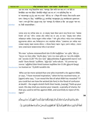 Avqv‡Zi aiY cweÎ †KviAv‡bi AvqvZ - evsjv ZiRgv - Bs‡iwR ZiRgv AvqvZ bs
cÖwZeY©vqb
Iqv gvb& AvR jvgy wgg&gvwbd Zviv-ÔAvjvjøv-wnj Kvwh evb AvI K v-jv Ewn qv
BjvBBqv Iqv jvg BEn v BjvBwn kvBqyIu Iqv gvs K v-jv QvDswSjy wgQ jv
gv˜AvsSvjvjøv-û ( ) Iqv jvI Zviv˜ Bwh R& R v-wjg~bv dx Mvgviv-wZj& gvIwZ Iqvj
gvjv~BKvZz ev-wQZ~ ˜AvB`xwng ( ) AvLwiR~˜AvsdzQvKzg ( ) AvjBqvIgv ZzRSvIbv
ÔAvh v-evj n~wb wegv-KzsZzg ZvK~ j~bv ÔAvjvjøv-wn MvBivj& n vw° Iqv KzsZzg ÔAvb Av-
qv-wZnx ZvQZvK&weiƒb|
ZiRgv
Zvnvi †P‡q eo Rvwjg Avi †K, †h m¤^‡Ü wg_¨v iPbv K‡i wKsev e‡j, ÔAvgvi
wbKU Inx nq,' hw`I Zvnvi cÖwZ bvwhj nq bv Ges †h e‡j, hvnv bvwhj
Kwiqv‡Qb AvwgI Dnvi Abyiƒc bvwhj Kwie ?' hw` Zzwg †`wL‡Z cvB‡Z hLb Rvwjgiv
g„Zy¨hš¿Yvq iwn‡e Ges wdwik&ZvMY nvZ evovBqv ewj‡e, Ô†Zvgv‡`i cÖvY evwni Ki!
†Zvgiv m¤^‡Ü Ab¨vq ewj‡Z I Zuvnvi weavb m¤^‡Ü J×Z¨ cÖKvk Kwi‡Z, †mRb¨
AvR †Zvgv‡`i‡K AegvbbvKi kvw¯— †`Iqv nB‡e|'
Transliteration
- dh -ya
shay-’unw- -’un-zilu mithla
- ? dh gh -mawti wal-
- ; ’akh- -sakum. ’Al yawma tuj-
zawna ‘adh - - - ghayral-
-
Translation
or says, "I have received inspiration," when he has received none, or
you could but see how the wicked (do fare) in the flood of confusion
at death! - the angels stretch forth their hands, (saying),"Yield up your
souls: this day shall you receive your reward,- a penalty of shame, for
signs!"
94
Page No # 450
 