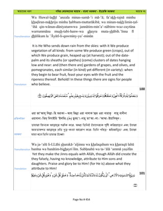 Avqv‡Zi aiY cweÎ †KviAv‡bi AvqvZ - evsjv ZiRgv - Bs‡iwR ZiRgv AvqvZ bs
Transliteration
Wa Huwal-ladh ’anzala fa’akh minhu
kh khriju minhu wa minan-nakh
mush-tabi-hanw-wa ghayra muta-sh
dh
Translation
It is He Who sends down rain from the skies: with it We produce
vegetation of all kinds: from some We produce green (crops), out of
which We produce grain, heaped up (at harvest); out of the date-
palm and its sheaths (or spathes) (come) clusters of dates hanging
low and near: and (then there are) gardens of grapes, and olives, and
pomegranates, each similar (in kind) yet different (in variety): when
they begin to bear fruit, feast your eyes with the fruit and the
ripeness thereof. Behold! In these things there are signs for people
who believe.
100
cÖwZeY©vqb
Iqv RvÔAvj~ wjjøv-wn ïivKv~Avj& wRbœv Iqv LvjvK vûg Iqv LvivK‚ jvn~ evbxbv
Iqvevbv-wZg& weMvBwi ÔBjwgs ( ) Qyen v-bvn~ ZvÔAv-jv-ÔAv¤§v-Bqvwmd~b|
ZiRgv
Zvnviv wRb‡K kixK K‡i, A_P wZwbB Bnv‡`i‡K m„wó Kwiqv‡Qb Ges Dnviv
AÁZvekZ cÖwZ cyÎ-Kb¨v Av‡ivc K‡i; wZwb cweÎ- gwngvwb¦Z! Ges Dnviv
hvnv e‡j wZwb Zvnvi E‡aŸ©|
Transliteration
Wa ja- - sh -’aljinna wa khalaqahum wa kh
-bigh . -
Translation
they falsely, having no knowledge, attribute to Him sons and
daughters. Praise and glory be to Him! (for He is) above what they
attribute to Him!
101
Page No # 454
 