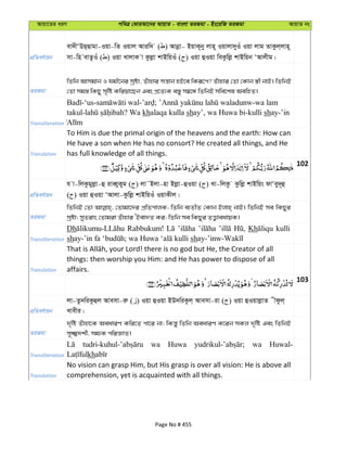 Avqv‡Zi aiY cweÎ †KviAv‡bi AvqvZ - evsjv ZiRgv - Bs‡iwR ZiRgv AvqvZ bs
cÖwZeY©vqb
ev`xÔDQ&Qvgv-Iqv-wZ Iqvj Aviw` ( ) Avbœv- BqvK~by jvn~ Iqvjv`yIu Iqv jvg ZvKzj&jvn~
mv-wn evZzIu ( ) Iqv LvjvK v Kzjøv kvBwqIu ( ) Iqv ûIqv weKzwjø kvBwqb ÔAvjxg|
ZiRgv
wZwb Avmgvb I hgx‡bi mªóv, Zuvnvi mš—vb nB‡e wKiƒ‡c? Zuvnvi †Zv †Kvb ¯¿x bvB| wZwbB
†Zv mg¯— wKQy m„wó Kwiqv‡Qb Ges cÖ‡Z¨K e¯—y m¤^‡Ü wZwbB mwe‡kl AewnZ|
Transliteration
-‘us- - ; -wa lam
takul- ? Wa khalaqa kulla shay’, wa Huwa bi-kulli shay-’in
Translation
To Him is due the primal origin of the heavens and the earth: How can
He have a son when He has no consort? He created all things, and He
has full knowledge of all things.
102
cÖwZeY©vqb
h v-wjKzgyjøv-û iveŸyKyg ( ) jv˜Bjv-nv Bjøv-ûIqv ( ) Lv-wjKz Kzwjø kvBwqs dvÔey`~û
( ) Iqv ûIqv ÔAvjv-Kzwjø kvBwqIu IqvKxj|
ZiRgv
wZwbB †Zv †Zvgv‡`i cÖwZcvjK; wZwb e¨ZxZ †Kvb Bjvn& bvB| wZwbB me wKQyi
mªóv; myZivs †Zvgiv Zuvnvi ÔBev`Z Ki; wZwb me wKQyi ZË¡veavqK|
Transliteration
Dh Rabbukum! Kh kulli
sh sh
Translation
things: then worship you Him: and He has power to dispose of all
affairs.
103
cÖwZeY©vqb
jv-Zz`wiKzûj Avemv-iæ ( ) Iqv ûIqv BD`wiKzj& Avemv-iv ( ) Iqv ûIqvjøvZ xdzj&
Lvexi|
ZiRgv
`„wó Zuvnv‡K AeaviY Kwi‡Z cv‡i bv; wKš—y wZwb AeaviY K‡ib mKj `„wó Ges wZwbB
m~²`k©x, mg¨K cwiÁvZ|
Transliteration
wa Huwa wa Huwal-
kh
Translation
No vision can grasp Him, but His grasp is over all vision: He is above all
comprehension, yet is acquainted with all things.
Page No # 455
 