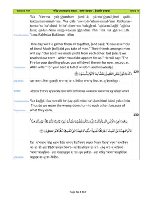 Avqv‡Zi aiY cweÎ †KviAv‡bi AvqvZ - evsjv ZiRgv - Bs‡iwR ZiRgv AvqvZ bs
Transliteration
Wa Yawma shuruhum sharal-jinni qadis-
takthartum-minal-’ins. Wa Rabbanas-
tamta-‘ta balagh ’ajala-nalladh ’ajjalta
math kh sh
Translation
One day will He gather them all together, (and say): "O you assembly
of Jinns! Much (toll) did you take of men." Their friends amongst men
will say: "Our Lord! we made profit from each other: but (alas!) we
reached our term - which you didst appoint for us." He will say: "The
Fire be your dwelling-place: you will dwell therein for ever, except as
129
cÖwZeY©vqb Iqv Kvh v-wjKv byIqvjøx evÔ` vR& R v-wjgxbv evÔ` vg& wegv-Kv-b~ BqvKwQe~b|
ZiRgv GBfv‡e Dnv‡`i K…ZK‡g©i Rb¨ Avwg Rvwjg‡`i GK`j‡K Ab¨`‡ji eÜz Kwiqv _vwK|
Transliteration Wa kadh
Translation
Thus do we make the wrong-doers turn to each other, because of
what they earn.
130
cÖwZeY©vqb
Bqv-gvÔkvivj& wRwbœ Iqvj BswQ Avjvg& BqvÕwZKzg& iæQyjyg& wgsKzg BqvKy m&m~bv ÔAvjvBKzg
Av-qv-Zx Iqv BDswh iƒbvKzg wjK v~Av BqvIwgKzg nv-h v- ( ) K v-j~ kvwn`bv-
ÔAvjv˜AvsdzwQbv- Iqv Mvi&ivZ&ûgyj n vqv-Zz`& `ybBqv- Iqv kvwn`~ ÔAvjv˜AvsdzwQwng&
Avbœvûg Kv-by Kv-wdixb|
Page No # 467
 