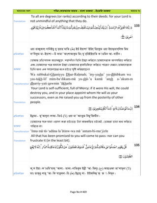 Avqv‡Zi aiY cweÎ †KviAv‡bi AvqvZ - evsjv ZiRgv - Bs‡iwR ZiRgv AvqvZ bs
Translation
To all are degrees (or ranks) according to their deeds: for your Lord is
not unmindful of anything that they do.
133
cÖwZeY©vqb
Iqv iveŸyKvj& MvwbBqy hy i&ivn gvwZ ( ) Bqu BqvkvÕ BDh& wne&Kzg Iqv BqvQ&ZvL&wjd wgg
evÔw`Kzg gv-Bqvkv~D Kvgv˜AvskvAvKzg wgs hy i&wiBBqvwZ K vIwgb Av-Lvixb|
ZiRgv
†Zvgvi cÖwZcvjK Afvegy³, `qvkxj| wZwb B”Qv Kwi‡j †Zvgv‡`i‡K AcmvwiZ Kwi‡Z
Ges †Zvgv‡`i c‡i hvnv‡K B”Qv †Zvgv‡`i ¯’jvwfwl³ Kwi‡Z cv‡ib-†hgb †Zvgv‡`i‡K
wZwb Ab¨ GK m¤úÖ`v‡qi esk nB‡Z m„wó Kwiqv‡Qb|
Transliteration
Wa rabbukal-Ghaniyyu Dh ’iny-yasha’ yu-dhhibkum wa
yas-takh-lif ya-sh ’ansh a-’akum-mi
dh kh
Translation
Your Lord is self-sufficient, full of Mercy: if it were His will, He could
destroy you, and in your place appoint whom He will as your
successors, even as He raised you up from the posterity of other
people.
134
cÖwZeY©vqb Bbœvgv- Z~ÔAv`~bv jvAv-wZIu ( ) Iqv gv˜AvsZzg wegyÔwRSxb|
ZiRgv
†Zvgv‡`i m‡½ hvnv Iqv`v Kiv nB‡Z‡Q Dnv ev¯—evwqZ nB‡eB, †Zvgiv Zvnv e¨_© Kwi‡Z
cvwi‡e bv|
Transliteration
Translation
All that has been promised to you will come to pass: nor can you
frustrate it (in the least bit).
135
cÖwZeY©vqb
K zj Bqv-K vIwgÔgvj~ ÔAvjv- gvKv-bvwZKzg Bbœx ÔAv-wgj~s ( ) dvQvIdv ZvÔjvg~bv ( )
gvs ZvK~by jvn~ ÔAv-wK evZz`&`v-wi ( ) Bbœvn~ jv- BDd&wjû R& R v-wjg~b|
Page No # 469
 