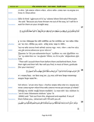Avqv‡Zi aiY cweÎ †KviAv‡bi AvqvZ - evsjv ZiRgv - Bs‡iwR ZiRgv AvqvZ bs
ZiRgv
†m ewjj, ÔZzwg Avgv‡K kvw¯—`vb Kwi‡j, GBRb¨ AvwgI †Zvgvi mij c‡_ gvby‡li Rb¨
wbðq Iur cvwZqv _vwKe|
Transliteration gh
Translation
He said: "Because you have thrown me out of the way, lo! I will lie in
wait for them on your straight way:
17
cÖwZeY©vqb
Qz ¤§v jvAv-wZBqvbœvûg wgg evBwb AvB`xwng Iqv wgb Lvjwdwng Iqv ÔAvb AvBgv-wbwng
Iqv ÔAvs kvgv~Bwjwng ( ) Iqvjv- ZvwR`y AvKQ vivûg kv-wKixb|
ZiRgv
ÔAZtci Avwg Zvnv‡`i wbKU AvwmeB Zvnv‡`i m¤§yL, cðvr, `w¶Y I evg w`K nB‡Z
Ges Zzwg Zvnv‡`i AwaKvsk‡K K…ZÁ cvB‡e bv|'
Transliteration
Thumma wa min khalfihim wa
‘an wa ‘an-sh wa ta-jidu ’aktharahum sh
Translation
"Then will I assault them from before them and behind them, from
their right and their left: Nor will you find, in most of them, gratitude
(for your mercies)."
18
cÖwZeY©vqb
K v-jvL&iæR& wgb&nv- gvh Egvg gv`&n~ ivj& ( ) jvgvs ZvweÔAvKv wgbûg jvAvgjvAvbœv
Rvnvbœvgv wgsKzg AvRgvÔCb|
ZiRgv
wZwb ewj‡jb, ÔGB ¯’vb nB‡Z waK…Z I weZvwoZ Ae¯’vq evwni nBqv hvI| gvby‡li g‡a¨
hvnviv †Zvgvi AbymiY Kwi‡e wbðq Avwg †Zvgv‡`i mK‡ji Øviv Rvnvbœvg c~Y© KwieB|'
Transliteration
kh-ruj madh La-man-tabi-‘aka minhum la-
Translation them follow you,- Jahannam will I fill with you all.
19
Page No # 492
 