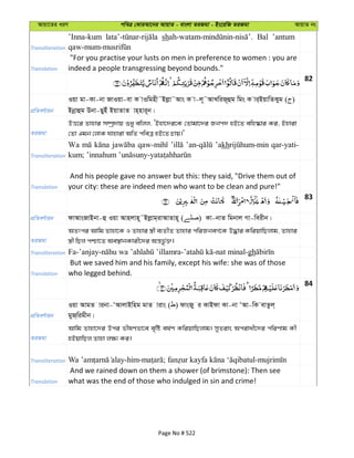 Avqv‡Zi aiY cweÎ †KviAv‡bi AvqvZ - evsjv ZiRgv - Bs‡iwR ZiRgv AvqvZ bs
Transliteration
’Inna-kum sh Bal ’antum
Translation
"For you practise your lusts on men in preference to women : you are
indeed a people transgressing beyond bounds."
82
cÖwZeY©vqb
Iqv gv-Kv-bv RvIqv-ev K vIwgnx˜Bjøv˜Avs K v-j~˜AvLwiR~ûg wgs K vi&BqvwZKyg ( )
Bbœvûg Dbv-QyBu BqvZvZ vn&nvi~b|
ZiRgv
DË‡i Zvnvi m¤úª`vq ïay ewjj, ÔBnv‡`i‡K †Zvgv‡`i Rbc` nB‡Z ewn®‹vi Ki, Bnviv
†Zv Ggb †jvK hvnviv AwZ cweÎ nB‡Z Pvq|'
Transliteration
Wa ’akh qar-yati-
Translation
And his people gave no answer but this: they said, "Drive them out of
your city: these are indeed men who want to be clean and pure!"
83
cÖwZeY©vqb dvAvsRvBbv-û Iqv Avnjvn~˜Bjøvg&ivAvZvn~ ( ) Kv-bvZ wgbvj Mv-weixb|
ZiRgv
AZtci Avwg Zvnv‡K I Zvnvi ¯¿x e¨ZxZ Zvnvi cwiRbeM©‡K D×vi KwiqvwQjvg, Zvnvi
¯¿x wQj cðv‡Z Ae¯’vbKvix‡`i Aš—fz©³|
Transliteration gh
Translation
But we saved him and his family, except his wife: she was of those
who legged behind.
84
cÖwZeY©vqb
Iqv AvgZ vibv-ÔAvjvBwng gvZ vivs ( ) dvsRy i KvBdv Kv-bv ÔAv-wK evZzj&
gyR&wigxb|
ZiRgv
Avwg Zvnv‡`i Dci fxlYfv‡e e„wó el©Y KwiqvwQjvg| myZivs Acivax‡`i cwiYvg Kx
nBqvwQj Zvnv j¶¨ Ki|
Transliteration -him- ; -
Translation
And we rained down on them a shower (of brimstone): Then see
what was the end of those who indulged in sin and crime!
Page No # 522
 