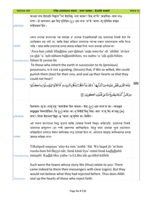 Avqv‡Zi aiY cweÎ †KviAv‡bi AvqvZ - evsjv ZiRgv - Bs‡iwR ZiRgv AvqvZ bs
cÖwZeY©vqb
AvIqv jvg Bqvnw` wjjøvh xbv BqvwiQ~ bvj Avi` v wgg& evÔw` Avnwjnv-Avj bvI
bvkv~D Avmvebv-ûg wehy b~wewng ( ) Iqv bvZ evÔD ÔAvjv-K zj~wewng dvûg
jvBqvQgvÔEb|
ZiRgv
†Kvb †`‡ki RbM‡Yi ci hvnviv H †`‡ki DËivwaKvix nq Zvnv‡`i wbKU Bnv wK
cÖZxqgvb nq bvB †h, Avwg B”Qv Kwi‡j Zvnv‡`i cv‡ci `i“b Zvnv‡`i‡K kvw¯— w`‡Z
cvwi ? Avi Avwg Zvnv‡`i ü`q †gvni Kwiqv w`e, d‡j Zvnviv ïwb‡e bv|
Transliteration
’Awa-lam yahdi lilladh -th - -ba‘- -law
ya-sh - - -bidh , - -bihim
Translation
To those who inherit the earth in succession to its (previous)
possessors, is it not a guiding, (lesson) that, if We so willed, We could
punish them (too) for their sins, and seal up their hearts so that they
could not hear?
101
cÖwZeY©vqb
wZjKvj-Ky iv-bvK zm&mz ÔAvjvBKv wgb Avgev~Bnv ( ) Iqv jvK v` Rv~AvZ&ûg
iæQyjyûg wejevBwqbv-wZ ( ) dvgv-Kv-b~ wjBDÔwgb~ wegv-Kvh h ve~ wgs K ve&jy ( )
Kvh v-wjKv BqvZevÔEjøv-û ÔAvjv-K zj~wej Kv-wdixb|
ZiRgv
GB mKj Rbc‡`i wKQy e„Ëvš— Avwg †Zvgvi wbKU wee„Z Kwi‡ZwQ, Zvnv‡`i wbKU
Zvnv‡`i ivm~jMY †Zv ¯úó cÖgvYmn AvwmqvwQj; wKš—z hvnv Zvnviv c~‡e© cÖZ¨vL¨vb
KwiqvwQj Zvnv‡Z Cgvb Avwbevi cvÎ Zvnviv wQj bv, GBfv‡e Kvwdi‡`i ü`q
†gvni Kwiqv †`b|
Transliteration
- - . -’at-hum
rusulu-hum bil-Bayyi- ; - dhdh
minqabl. Kadh - -‘u- - -
Translation
Such were the towns whose story We (thus) relate to you: There
came indeed to them their messengers with clear (signs): But they
seal up the hearts of those who reject faith.
Page No # 530
 