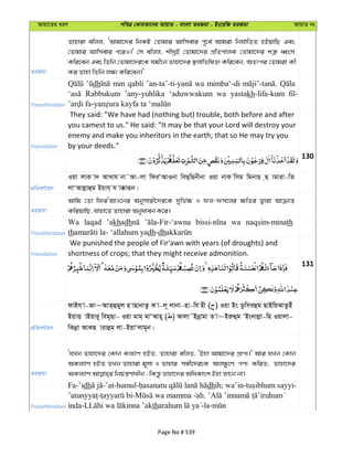 Avqv‡Zi aiY cweÎ †KviAv‡bi AvqvZ - evsjv ZiRgv - Bs‡iwR ZiRgv AvqvZ bs
ZiRgv
Zvnviv ewjj, ÔAvgv‡`i wbKU †Zvgvi Avwmevi c~‡e© Avgiv wbh©vwZZ nBqvwQ Ges
†Zvgvi Avwmevi c‡iI|' †m ewjj, kxNªB †Zvgv‡`i cÖwZcvjK †Zvgv‡`i kÎ“ aŸsm
Kwi‡eb Ges wZwb †Zvgv‡`i‡K hgx‡b Zvnv‡`i ¯’jvwfwl³ Kwi‡eb, AZtci †Zvgiv Kx
Ki Zvnv wZwb j¶¨ Kwi‡eb|'
Transliteration
dh min qabli wa mimba‘-di
Rabbukum ’any-yuhlika ‘aduwwakum wa yastakh-lifa-kum fil-
Translation
They said: "We have had (nothing but) trouble, both before and after
you camest to us." He said: "It may be that your Lord will destroy your
enemy and make you inheritors in the earth; that so He may try you
by your deeds."
130
cÖwZeY©vqb
Iqv jvK v` AvLvh bv˜Av-jv wdiÔAvIbv weQ&wQbxbv Iqv bvK wmg wgbvQ &Q vgviv-wZ
jvÔAvjøvûg Bqvh& h v°viƒb|
ZiRgv
Avwg †Zv wdiÔAvI‡bi Abymvix‡`i‡K `ywf©¶ I dj-dm‡ji ¶wZi Øviv Avµvš—
KwiqvwQ, hvnv‡Z Zvnviv Abyaveb K‡i|
Transliteration
Wa laqad ’akhadh wa th
th dh-dh
Translation
We punished the people of Fir‘awn with years (of droughts) and
shortness of crops; that they might receive admonition.
131
cÖwZeY©vqb
dvBh v-Rv~AvZ&ûgyj n vQvbvZz K v-j~ jvbv-nv-wh nx ( ) Iqv Bs Zzwmeûg QvBwqAvZzBu
BqvË vBqvi~ weg~Qv- Iqv gvg& gvÔAvn~ ( ) Avjv˜Bbœvgv Z v~Biæûg ÔBs`vjøv-wn Iqvjv-
wKbœv AvKQ vivûg jv-BqvÔjvg~b|
ZiRgv
ÔhLb Zvnv‡`i †Kvb Kj¨vY nBZ, Zvnviv ewjZ, ÔBnv Avgv‡`i cÖvc¨|' Avi hLb †Kvb
AKj¨vY nBZ ZLb Zvnviv g~mv I Zvnvi m½x‡`i‡K Aj¶z‡Y MY¨ KwiZ, Zvnv‡`i
Transliteration
Fa-’idh -’at-humul- dhih; wa’in- -
- - ah.
inda- th -la-
Page No # 539
 