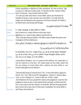 Avqv‡Zi aiY cweÎ †KviAv‡bi AvqvZ - evsjv ZiRgv - Bs‡iwR ZiRgv AvqvZ bs
Transliteration
- . -mayta ’idh
ra- - ; wa liyubli-yal-Mu’-
- ; ’inna-
Translation He Who hears and knows (all things).
18
cÖwZeY©vqb h v-wjKzg IqvAvbœvjøv-nv g~wnby KvBw`j Kv-wdixb|
ZiRgv
Transliteration Dh
Translation stratagem of the Unbelievers.
19
cÖwZeY©vqb
Bs ZvQZvdwZn ~ dvK v` Rv~AvKzgyj dvZny ( ) Iqv Bs ZvsZvn~ dvûIqv LvBiæjøvKzg
( ) Iqv Bs ZvÔE`~ bvÔD` ( ) Iqv jvs ZyMwbqv ÔAvsKzg wdAvZzKzg kvBAvIu IqvjvI
KvQz ivZ ( ) Iqv Avbœvjøv-nv gvÔAvj gyÕwgbxb|
ZiRgv
†Zvgiv gxgvsmv PvwnqvwQ‡j, Zvnv †Zv †Zvgv‡`i wbKU Avwmqv‡Q; hw` †Zvgiv weiZ nI
Z‡e Dnv †Zvgv‡`i Rb¨ Kj¨vYKi ; hw` †Zvgiv cybivq Ki Zv‡Z AvwgI cybivq kvw¯—
w`e Ges †Zvgv‡`i `j msL¨vq AwaK nB‡jI †Zvgv‡`i †Kvb Kv‡R Avwm‡e bv, Ges
Transliteration
’Intastaf- -fat- . Wa ’in tan- khayrul-
lakum. Wa ’inta- ud.Wa lantughniya ‘ankum fi-’atukum shay-
’anw-wa law kathurat wa ’anna- -’al-Mu’-
Translation
(O Unbelievers!) if you prayed for victory and judgment, now has the
judgment come to you: if you desist (from wrong), it will be best for
you: if you return (to the attack), so shall We. Not the least good will
with those who believe!
Page No # 583
 