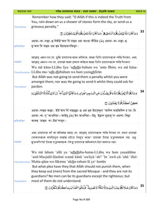 Avqv‡Zi aiY cweÎ †KviAv‡bi AvqvZ - evsjv ZiRgv - Bs‡iwR ZiRgv AvqvZ bs
Translation
You, rain down on us a shower of stones form the sky, or send us a
grievous penalty."
33
cÖwZeY©vqb
Iqvgv-Kv-bvjøv-û wjBDÔAvh wh evûg Iqv AvsZv dxwng ( ) Iqvgv-Kv-bvjøv-û
gyÔAvh wh evûg Iqv ûg BqvQZvMwdi~b|
ZiRgv
Ggb bb †h, Zywg Zvnv‡`i g‡a¨ _vwK‡e, A_P wZwb Zvnv‡`i‡K kvw¯— w`‡eb, Ges
Transliteration
Wa liyu ‘adhdhi-bahum wa ’anta wa
dh-dhibahum wa hum yastagh
Translation
amongst them; nor was He going to send it whilst they could ask for
pardon.
34
cÖwZeY©vqb
Iqvgv-jvûg Avjøv- BDÔAvh wh evûgyjøv-û Iqv ûg BqvmzÏ~bv ÔAvwbj gvQwRw`j n viv-wg
Iqvgv-Kv-b~˜AvIwjqv~AvDn~ ( ) Bb AvIwjqv~Dn~ Bjøvj gyËvK~ bv Iqvjv-wKbœv
AvKQ vivûg jv-BqvÔjvg~b|
ZiRgv
Ges Zvnv‡`i Kx ev ewjevi Av‡Q †h, Zvnv‡`i‡K kvw¯— w`‡eb bv, hLb Zvnviv
†jvK‡`i‡K gmwR`yj nvivg nB‡Z wbe„Ë K‡i? Zvnviv Dnvi ZË¡veavqK bq, ïay
gyËvKxMYB Dnvi ZË¡veavqK; wKš—y Zvnv‡`i AwaKvsk Bnv AeMZ bq|
Transliteration
Wa lahum yu ‘adhdh wa hum
’In ’illal-
th
Translation
they keep out (men) from the sacred Mosque - and they are not its
guardians? No men can be its guardians except the righteous; but
most of them do not understand.
35
Page No # 589
 