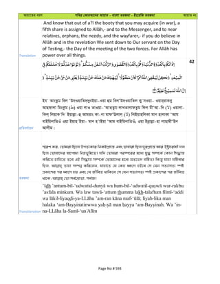 Avqv‡Zi aiY cweÎ †KviAv‡bi AvqvZ - evsjv ZiRgv - Bs‡iwR ZiRgv AvqvZ bs
Translation
And know that out of a?l the booty that you may acquire (in war), a
relatives, orphans, the needy, and the wayfarer,- if you do believe in
power over all things.
42
cÖwZeY©vqb
Bh AvsZzg wej ÔD`IqvwZ`&`ybBqv-Iqv ûg wejÔD`IqvwZj Ky mIqv- Iqvi&ivKey
AvQdvjv wgsKzg ( ) Iqv jvI ZvIqv-ÔAvZ&Zzg jvLZvjvdZzg wdj gxÔAv-w` ( ) Iqvjv-
wKj& wjqvK w` Bqvjøv-û Avgivs Kv-bv gvdÔEjvj& ( ) wjBqvnwjKv gvb nvjvKv ÔAvg
evBwqbvwZIu Iqv Bqvn Bqv- gvb n vBqv ÔAvg evBwqbvwZIu; Iqv Bbœvjøv-nv jvQvgxÔDb
Avjxg|
ZiRgv
¯§iY Ki, †Zvgiv wQ‡j DcZ¨Kvi wbKUcÖv‡š— Ges Zvnviv wQj `~icÖv‡š— Avi Dóªv‡ivnx `j
wQj †Zvgv‡`i A‡c¶v wbæf~wg‡Z| hw` †Zvgiv ci¯ú‡ii g‡a¨ hy× m¤ú‡K© †Kvb wm×vš—
Kwi‡Z Pvwn‡Z Z‡e GB wm×vš— m¤ú‡K© †Zvgv‡`i g‡a¨ gZ‡f` NwUZ| wKš—y hvnv NwUevi
wQj, Zvnv m¤úbœ Kwi‡jb, hvnv‡Z †h †Kn aŸsm nB‡e †m †hb mZ¨vmZ¨ ¯úó
cÖKv‡ki ci aŸsm nq Ges †h RxweZ _vwK‡e †m †hb mZ¨vmZ¨ ¯úó cÖKv‡ki ci RxweZ
Transliteration
’Idh ’antum-bil-‘udwatid- -bil-‘udwatil- -rakbu
’asfala minkum. -‘attum thumma lakh- -‘addi
- -ya- - - ; liyah-lika man
halaka ‘am- - -Bayyinah. Wa ’in-
na- - -
Page No # 593
 