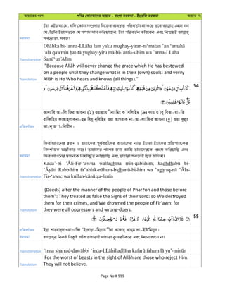 Avqv‡Zi aiY cweÎ †KviAv‡bi AvqvZ - evsjv ZiRgv - Bs‡iwR ZiRgv AvqvZ bs
ZiRgv
Bnv GBRb¨ †h, hw` †Kvb m¤úÖ`vq wb‡Ri Ae¯’vi cwieZ©b bv K‡i Z‡e Ggb bb
†h, wZwb Dnv‡`i‡K †h m¤ú` `vb Kwiqv‡Qb, Dnv cwieZ©b Kwi‡eb; Ges wbðqB
me©‡kÖvZv, me©Á|
Transliteration
-’anna- -yiran-
- - -’anfu-sihim wa ’anna-
Translation
on a people until they change what is in their (own) souls: and verily
54
cÖwZeY©vqb
Kv`vÕwe Av-wj wdiÔAvIbv ( ) Iqvjøvh xbv wgs K vewjwng ( ) Kvh h ve~ weAv-qv-wZ
ivweŸwng dvAvn&jvKbv-ûg wehy bywewng Iqv AvMivK bv-Av-jv wdiÔAvIbv ( ) Iqv Kzjøyys
Kv-b~ R v-wjgxb|
ZiRgv
wdiÔAvI‡bi ¯^Rb I Zvnv‡`i c~e©eZ©x‡`i Af¨v‡mi b¨vq Bnviv Bnv‡`i cÖwZcvj‡Ki
wb`k©b‡K A¯^xKvi K‡i| Zvnv‡`i cv‡ci Rb¨ Avwg Zvnv‡`i‡K aŸsm KwiqvwQ Ges
wdiÔAvI‡bi ¯^Rb‡K wbgw¾Z KwiqvwQ Ges Zvnviv mK‡jB wQj Rvwjg|
Transliteration
Kada’-bi walladh min-qablihim; kadhdh bi-
Rabbihim dh wa ’agh
Translation
(Deeds) after the manner of the people of Phar?oh and those before
them": They treated as false the Signs of their Lord: so We destroyed
them for their crimes, and We drowned the people of Fir‘awn: for
they were all oppressors and wrong-doers.
55
cÖwZeY©vqb Bbœv kvi&iv`&`vIqv~weŸ ÔBs`vjøv-wnjøvh xbv Kvdvi~ dvûg jv-BDÕwgb~b|
ZiRgv
Transliteration ’Inna sh dh
Translation They will not believe.
Page No # 599
 