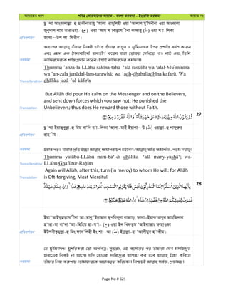 Avqv‡Zi aiY cweÎ †KviAv‡bi AvqvZ - evsjv ZiRgv - Bs‡iwR ZiRgv AvqvZ bs
cÖwZeY©vqb
Qz ¤§v AvsSvjvjøv-û QvKxbvZvn~ ÔAvjv-ivQ~wjnx Iqv ÔAvjvj gyÕwgbxbv Iqv AvsSvjv
Ryb~`vj jvg ZvivInv- ( ) Iqv ÔAvh h vevjøvh xbv Kvdvi~ ( ) Iqv h v-wjKv
RvSv~Dj Kv-wdixb|
ZiRgv
AZtci Zuvnvi wbKU nB‡Z Zuvnvi ivm~j I gy'wgb‡`i Dci cÖkvwš— el©Y K‡ib
Ges Ggb GK ˆmb¨evwnbx AeZxY© K‡ib hvnv †Zvgiv †`wL‡Z cvI bvB Ges wZwb
Kvwdi‡`i‡K kvw¯— cÖ`vb K‡ib; BnvB Kvwdi‡`i Kg©dj|
Transliteration
Thumma ’anza-la- - -Mu-
wa ’an- -lam- ; wa ‘adh-dhaballadh . Wa
dh -’ul-
Translation
and sent down forces which you saw not: He punished the
Unbelievers; thus does He reward those without Faith.
27
cÖwZeY©vqb
Qz ¤§v BqvZ~eyjøv-û wgg evÔw` h v-wjKv ÔAvjv-gvBu Bqvkv~D ( ) Iqvjøv-û Mvd~iæi&
ivn xg|
ZiRgv
Transliteration
Thumma mim-ba‘-di dh many-yash wa-
Gh
Translation is Oft-forgiving, Most Merciful.
28
cÖwZeY©vqb
Bqv˜AvBqynvjøvh xbv Av-gvb~˜Bbœvgvj gykwiK~bv bvRvQys dvjv-BqvK iveyj gvQwR`vj
n viv-gv evÔ`v ÔAv-wgwng nv-h v- ( ) Iqv Bb wLdZzg ÔAvBjvZvs dvQvIdv
BDMbxKzgyjøv-û wgs dv` wjnx Bs kv~Av ( ) Bbœvjøv-nv ÔAvjxgyb n vKxg|
ZiRgv
†n gy'wgbMY! gykwiKiv †Zv AcweÎ; myZivs GB erm‡ii ci Zvnviv †hb gmwR`yj
nviv‡gi wbKU bv Av‡m| hw` †Zvgiv `vwi‡`ª¨i Avk¼v Ki Z‡e B”Qv Kwi‡j
Page No # 621
 