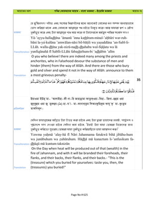 Avqv‡Zi aiY cweÎ †KviAv‡bi AvqvZ - evsjv ZiRgv - Bs‡iwR ZiRgv AvqvZ bs
ZiRgv
†n gy'wgbMY! cwÊZ Ges msmvi weivMx‡`i g‡a¨ A‡b‡KB †jv‡Ki ab-m¤ú` Ab¨vqfv‡e
†fvM Kwiqv _v‡K Ges †jvK‡K c_ nB‡Z wbe„Ë K‡i| Avi hvnviv ¯^Y© I †iŠc¨
Transliteration
-’ayyu-halladh th -minal- -ruh-
-ya- - - - -li-
. walla-dh - -nadh-dhahaba wal-
- shirhum-bi ‘adh
Translation
O you who believe! there are indeed many among the priests and
anchorites, who in Falsehood devour the substance of men and
a most grievous penalty-
35
cÖwZeY©vqb
BqvIgv BDn& gv- ÔAvjvBnv-dx bv-wi Rvnvbœvgv dvZzK&Iqv-wenv- wRev-ûûg Iqv
Ryb~eyûg Iqv Ry n~iæûg ( ) nv-h v- gv-KvbvS&Zzg wjAvsdzwQKzg dvh~ K‚ gv-KzsZzg
ZvKwbS~b|
ZiRgv
†hw`b Rvnvbœv‡gi AwMœ‡Z Dnv DËß Kiv nB‡e Ges Dnv Øviv Zvnv‡`i jjvU, cvk¦©‡`k I
c„ô‡`‡k `vM †`Iqv nB‡e †mw`b ejv nB‡e, ÔBnvB Dnv hvnv †Zvgiv wb‡R‡`i Rb¨
cyÄxf~Z Kwi‡Z| myZivs †Zvgiv hvnv cyÄxf~Z KwiqvwQ‡j Zvnv Av¯^v`b Ki|'
Transliteration
Yawma Jahannama
wa wa dh kanaztum li-’anfusikum fa-
dh
Translation
On the Day when heat will be produced out of that (wealth) in the
fire of Jahannam, and with it will be branded their foreheads, their
flanks, and their backs, their flanks, and their backs.- "This is the
(treasure) which you buried for yourselves: taste you, then, the
(treasures) you buried!"
Page No # 625
 