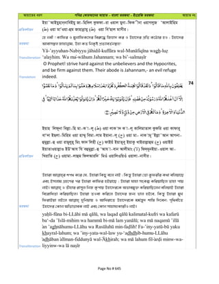 Avqv‡Zi aiY cweÎ †KviAv‡bi AvqvZ - evsjv ZiRgv - Bs‡iwR ZiRgv AvqvZ bs
cÖwZeY©vqb
Bqv˜AvBqynvb&bvweBqy Rv-wnw`j Kzddv-iv Iqvj gybv-wdK xbv IqvMjyR ÔAvjvBwng
( ) Iqv gvÕIqv-ûg Rvnvbœvgy ( ) Iqv weÕQvj gvmxi|
ZiRgv
†n bex ! Kvwdi I gybvwdK‡`i wei“‡× wRnv` Ki I Dnv‡`i cÖwZ K‡Vvi nI ; Dnv‡`i
Avevm¯’j Rvnvbœvg, Dnv KZ wbK…ó cÖZ¨veZ©b¯’j!
Transliteration
-’ayyuhan- - - gh-
‘alayhim. Wa ma- ; wa bi’-
Translation
O Prophet! strive hard against the unbelievers and the Hypocrites,
and be firm against them. Their abode is Jahannam,- an evil refuge
indeed.
74
cÖwZeY©vqb
Bqvn wjd~bv wejøv-wn gv-K v-j~ ( ) Iqv jvK v` K v-j~ KvwjgvZvj Kzdwi Iqv Kvdvi~
evÔ`v BQjv-wgwng Iqv nv¤§~ wegv-jvg Bqvbv-j~ ( ) Iqv gv- bvK vg~˜Bjøv˜Avb AvMbv-
ûgyjøv-û Iqv ivQ~jyn~ wgs dv` wjnx ( ) dvBqu BqvZ~e~ BqvKz LvBivjøvûg ( ) IqvBqu
BqvZvIqvjøvI BDÔAvh wh eûgyjøv-û ÔAvh v-evb Avjxgvs ( ) wd`&`ybBqv-Iqvj Av-
wLivwZ ( ) Iqvgv-jvûg wdjAviw` wgIu IqvwjIwqIu Iqvjv-bvmxi|
ZiRgv
Dnviv kc_ K‡i †h, Dnviv wKQy e‡j bvB ; wKš—y Dnviv †Zv Kzdixi K_v ewjqv‡Q
Ges Bmjvg MÖn‡Yi ci Dnviv Kvwdi nBqv‡Q ; Dnviv hvnv msKí KwiqvwQj Zvnv cvq
bvB| I Zuvnvi ivm~j wbR K…cvq Dnv‡`i‡K Afvegy³ KwiqvwQ‡jb ewjqvB Dnviv
we‡ivwaZv KwiqvwQj| Dnviv ZIev Kwi‡j Dnv‡`i Rb¨ fvj nB‡e, wKš—y Dnviv gyL
wdivBqv jB‡j `ywbqvq I AvwLiv‡Z Dnv‡`i‡K gg©š—y` kvw¯— w`‡eb; c„w_ex‡Z
Dnv‡`i †Kvb AwfvfveK bvB Ges †Kvb mvnvh¨KvixI bvB|
Transliteration
- - , -
ba‘- - - ;
an ’agh - - ! Fa-’iny- -
khayral-lahum; wa ’iny-yata-wal-law yu-‘adhdhib-humu-
adh - khirah; -wa-
liyyinw-
Page No # 645
 
