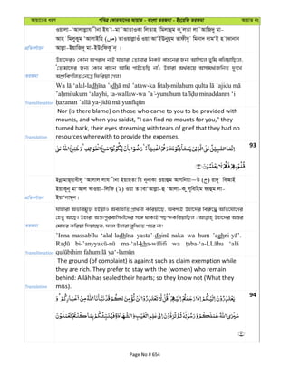 Avqv‡Zi aiY cweÎ †KviAv‡bi AvqvZ - evsjv ZiRgv - Bs‡iwR ZiRgv AvqvZ bs
cÖwZeY©vqb
Iqvjv-ÔAvjvjøvh xbv Bh v-gv˜AvZvIKv wjZvn wgjvûg K zjZv jv˜AvwR`y gv-
Avn wgjyKyg ÔAvjvBwn ( ) ZvIqvjøvIu Iqv AvÔBEbyûg Zvdx`y wgbv` `vgÔB n vSvbvb
Avjøv-BqvwR`~ gv-BDswdK‚ b& |
ZiRgv
Dnv‡`iI †Kvb Aciva bvB hvnviv †Zvgvi wbKU evn‡bi Rb¨ Avwm‡j Zywg ewjqvwQ‡j,
Ô†Zvgv‡`i Rb¨ †Kvb evnb Avwg cvB‡ZwQ bv'; Dnviv A_©e¨‡q Amvg_©¨RwbZ `yt‡L
AkÖ“weMwjZ †b‡Î wdwiqv †Mj|
Transliteration
-ladh dh - -
, ta-wallaw- -
-
Translation
Nor (is there blame) on those who came to you to be provided with
mounts, and when you saidst, "I can find no mounts for you," they
turned back, their eyes streaming with tears of grief that they had no
resources wherewith to provide the expenses.
93
cÖwZeY©vqb
BbœvgvQ&Qvexjy ÔAvjvj jvh xbv BqvQZvÕwh b~bvKv Iqvûg AvMwbqv~D ( ) iv`~ weAvBu
BqvK~b~ gvÔAvj LvIqv-wjwd ( ) Iqv Z vevÔAvjøv-û ÔAvjv-K zj~wewng dvûg jv-
BqvÔjvg~b|
ZiRgv
hvnviv Afvegy³ nBqvI Ae¨vnwZ cÖv_©bv Kwiqv‡Q, Aek¨B Dnv‡`i wei“‡× Awf‡hv‡Mi
†nZy Av‡Q| Dnviv Aš—tcyievwmbx‡`i m‡½ _vKvB cQ›`KwiqvwQj ; Dnv‡`i Aš—i
†gvni Kwiqv w`qv‡Qb, d‡j Dnviv eywS‡Z cv‡i bv!
Transliteration
‘alal-ladh yasta’-dh wa hum ’agh
ma-‘al-kh wa
Translation
The ground (of complaint) is against such as claim exemption while
they are rich. They prefer to stay with the (women) who remain
miss).
94
Page No # 654
 