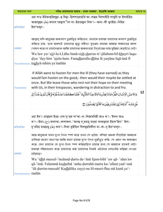 Avqv‡Zi aiY cweÎ †KviAv‡bi AvqvZ - evsjv ZiRgv - Bs‡iwR ZiRgv AvqvZ bs
cÖwZeY©vqb
Iqv jvI BDAvR&wRjyjøv-û wjbœv-wQkkvi&ivQwZÔRv-jvûg wejLvBwi jvKyw` qv BjvBwng
AvRvjyûg ( ) dvbvh viæjøvh xbv jv-BqviRybv wjK v~Avbv-dx ZyMBqv-wbwng
BqvÔgvn~b|
ZiRgv
hw` gvby‡li AKj¨vY Z¡ivwb¦Z Kwi‡Zb, †hfv‡e Zvnviv Zvnv‡`i Kj¨vY Z¡ivwb¦Z
Kwi‡Z Pvq, Z‡e Aek¨B Zvnv‡`i g„Zy¨ NwUZ| myZivs hvnviv Avgvi mv¶v‡Zi Avkv
†cvlY K‡i bv Zvnv‡`i‡K Avwg Zvnv‡`i Aeva¨Zvq D`&åv‡š—i b¨vq Nywiqv †eovB‡Z †`B|
Transliteration
Wa law yu-‘ajji-lu- -sish-sharras- - -bil-khayri laqu-
-him ’ajalu-hum. Fanadharulla-dh
gh -
Translation
would fain hasten on the good,- then would their respite be settled at
once. But We leave those who rest not their hope on their meeting
with Us, in their trespasses, wandering in distraction to and fro.
12
cÖwZeY©vqb
Iqv Bh v-gvQ&Qvj BsQv-bv`& `y i&iæ `vÔAv-bv-wjRvgwenx AvI K v-ÔB`vb AvI
K v~Bgvs ( ) dvjv¤§v-Kvkvdbv-ÔAvbû ` yiivn~ gvi&iv KvAvjøvgv Bqv`ÔEbv˜ Bjv-
`y iwig& gvQQvn~ ( ) Kvh v-wjKv SzBwqbv wjjgyQwidxbv gv-Kv-b~ BqvÔgvj~b|
ZiRgv
Avi gvbyl‡K hLb `ytL-‰`b¨ ¯úk© K‡i ZLb †m ïBqv, ewmqv A_ev `uvovBqv Avgv‡K
WvwKqv _v‡K| AZtci Avwg hLb Zvnvi `ytL-‰`b¨ `~ixf~Z Kwi, †m Ggb c_ Aej¤^b
K‡i, †hb Zvnv‡K †h `ytL-‰`b¨ ¯úk© KwiqvwQj Zvnvi Rb¨ †m Avgv‡K Wv‡KB bvB|
hvnviv mxgvjsNb K‡i Zvnv‡`i Kg© Zvnv‡`i wbKU GBfv‡e †kvfbxq Kwiqv †`Iqv
nBqv‡Q|
Transliteration
Wa ’idh - - - - -
- . sh -’allam yad-
-massah! Kadh -na lil-musri- -
Page No # 678
 