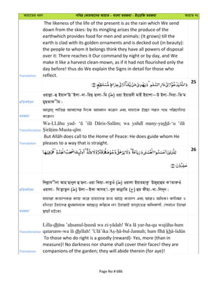 Avqv‡Zi aiY cweÎ †KviAv‡bi AvqvZ - evsjv ZiRgv - Bs‡iwR ZiRgv AvqvZ bs
Translation
The likeness of the life of the present is as the rain which We send
down from the skies: by its mingling arises the produce of the
earthwhich provides food for men and animals: (It grows) till the
earth is clad with its golden ornaments and is decked out (in beauty):
the people to whom it belongs think they have all powers of disposal
over it: There reaches it Our command by night or by day, and We
make it like a harvest clean-mown, as if it had not flourished only the
day before! thus do We explain the Signs in detail for those who
reflect.
25
cÖwZeY©vqb
Iqvjøv-û Bqv`ÔE˜Bjv-`v-wiQ& Qvjv-wg ( ) Iqv Bqvn`x gvBu Bqvkv~D Bjv-wmiv-wZ g
gyQZvK xg|
ZiRgv
kvwš—i Avev‡mi w`‡K AvnŸvb K‡ib Ges hvnv‡K B”Qv mij c‡_ cwiPvwjZ
K‡ib|
Transliteration
yad- wa many-yash
Translation pleases to a way that is straight.
26
cÖwZeY©vqb
wjjøvh xbv Avn Qvbyj û Qbv-Iqv wSqv-`vZzIu ( ) Iqvjv BqvinvKz DR~nvûg K vZviæIu
Iqvjv- wh jøvZzb ( ) Djv~BKv Avmn v-eyj RvbœvwZ ( ) ûg dxnv-Lv-wj`~b|
ZiRgv
hvnviv Kj¨vYKi KvR K‡i Zvnv‡`i Rb¨ Av‡Q Kj¨vY Ges AviI AwaK| Kvwjgv I
nxbZv Dnv‡`i gyLgÊj‡K Av”Qbœ Kwi‡e bv| DnvivB Rvbœv‡Zi Awaevmx, †mLv‡b Dnviv
¯’vqx nB‡e|
Transliteration
Lilla-dh - - ! -ha- -hum
qatarunw- dhillah! - -bul-Jannah; kh -
Translation
To those who do right is a goodly (reward)- Yes, more (than in
measure)! No darkness nor shame shall cover their faces! they are
companions of the garden; they will abide therein (for aye)!
Page No # 686
 