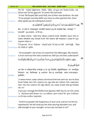 Avqv‡Zi aiY cweÎ †KviAv‡bi AvqvZ - evsjv ZiRgv - Bs‡iwR ZiRgv AvqvZ bs
Transliteration
‘Addin’akh
gh
Translation other gods) you do nothing but invent!
51
cÖwZeY©vqb
Bqv- K vIwg jv˜AvQAvjyKzg ÔAvjvBwn AvRivb ( ) Bb AvRwiqv Bjøv-ÔAvjvjøvh x
dvZvivbx˜ ( ) Avdvjv- ZvÔwK j~b|
ZiRgv
Ô†n Avgvi m¤úÖ`vq ! Avwg Bnvi cwie‡Z© †Zvgv‡`i wbKU cvwikÖwgK hvP&Tv Kwi bv|
Avgvi cvwikÖwgK Av‡Q ZuvnviB wbKU, whwb Avgv‡K m„wó Kwiqv‡Qb| †Zvgiv wK ZeyI
Abyaveb Kwi‡e bv ?
Transliteration
‘alal-ladh
Translation
"O my people! I ask of you no reward for this (Message). My reward
is from none but Him who created me: Will you not then understand?
52
cÖwZeY©vqb
Iqv Bqv-K vIwgQ&ZvMwdiƒ iveŸvKzg Q z¤§v Z~e~˜BjvBwn; BqyiwQwjQ&Qvgv~Av ÔAvjvBKzg
wg`ivivIu Iqv BqvwS`Kyg Ky IIqvZvb Bjv-Kz IIqvwZKzg Iqvjv-ZvZvIqvjøvI
gyRwigxb|
ZiRgv
Ô†n Avgvi m¤úÖ`vq! †Zvgiv †Zvgv‡`i cÖwZcvj‡Ki wbKU ¶gv cÖv_©bv Ki, AZtci Zuvnvi
w`‡KB wdwiqv Avm| wZwb †Zvgv‡`i Rb¨ cÖPyi evwi el©Y Kwi‡eb| wZwb †Zvgv‡`i‡K
AviI kw³ w`qv †Zvgv‡`i kw³ e„w× Kwi‡eb Ges †Zvgiv Acivax nBqv gyL wdivBqv
jBI bv|'
Transliteration
gh Rabba-kum thumma
’a ya-zidkum quw-watikum
Translation
"And O my people! Ask forgiveness of your Lord, and turn to Him (in
repentance): He will send you the skies pouring abundant rain, and
add strength to your strength: so turn you not back in sin!"
Page No # 741
 