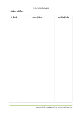 หลักฐานการดาเนินงาน
1. บันทึกการปฏิบัติงาน
วัน เดือน ปี

รายการปฏิบัติงาน

ลายมือชื่ อผู้บันทึก

กลุ่มสาระการเรี ยนรู้ การงานอาชี พและเทคโนโลยี โรงเรี ยนส่ วนบุญโญปถัมภ์ ลาพูน

 