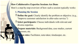 How Collaborative Expertise Sessions Are Done
Here’s a step-by-step overview of how such a session typically works:
1. Planning the Session
 Define the goal: Clearly identify the problem or objective. (e.g.,
"Improve customer satisfaction in after-sales service.")
 Select participants: Choose individuals with relevant and
diverse expertise.
 Prepare materials: Background data, case studies, current
processes, etc.
 Assign roles: Facilitator, note-taker, timekeeper, etc.
 