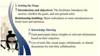 2. Setting the Stage
 Introduction and objectives: The facilitator introduces the
session, clarifies the goals, and sets ground rules.
Relationship-building: Short icebreakers or team introductions to
foster trust and openness.
3. Knowledge Sharing
 Each participant shares insights or relevant information
based on their expertise.
 Use of tools like visual maps, whiteboards, or shared
documents for real-time collaboration.
 