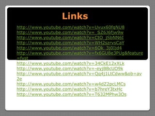 Linkshttp://www.youtube.com/watch?v=Uvux60fqNU8http://www.youtube.com/watch?v=_SZ6J6fjw9whttp://www.youtube.com/watch?v=CtO_jSbNN6Ihttp://www.youtube.com/watch?v=WH2szrvsCaYhttp://www.youtube.com/watch?v=6Ok_3j0Ijd4http://www.youtube.com/watch?v=fx6GU8e3PUg&feature=fvsthttp://www.youtube.com/watch?v=34CkE12xXLkhttp://www.youtube.com/watch?v=-eyjBBcUO9khttp://www.youtube.com/watch?v=Qq4j1LtCdww&ob=av2ehttp://www.youtube.com/watch?v=w4dZ2pcLMCshttp://www.youtube.com/watch?v=b7hreY3txHchttp://www.youtube.com/watch?v=T632MPhw3Os