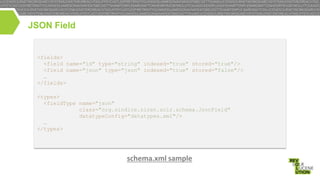 JSON Field

<fields>
<field name="id" type="string" indexed="true" stored="true"/>
<field name="json" type="json" indexed="true" stored="false"/>
…
</fields>
<types>
<fieldType name="json"
class="org.sindice.siren.solr.schema.JsonField"
datatypeConfig="datatypes.xml"/>
…
</types>

schema.xml sample

 