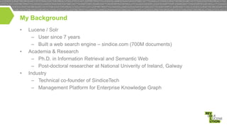 My Background
•

•

•

Lucene / Solr
– User since 7 years
– Built a web search engine – sindice.com (700M documents)
Academia & Research
– Ph.D. in Information Retrieval and Semantic Web
– Post-doctoral researcher at National Univerity of Ireland, Galway
Industry
– Technical co-founder of SindiceTech
– Management Platform for Enterprise Knowledge Graph

 