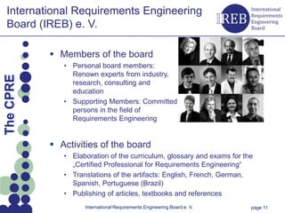 International Requirements Engineering
   Board (IREB) e. V.

                 Members of the board
                   • Personal board members:
Kapitelname 1




                     Renown experts from industry,
  The CPRE




                     research, consulting and
                     education
                   • Supporting Members: Committed
                     persons in the field of
                     Requirements Engineering


                 Activities of the board
                   • Elaboration of the curriculum, glossary and exams for the
                     „Certified Professional for Requirements Engineering“
                   • Translations of the artifacts: English, French, German,
                     Spanish, Portuguese (Brazil)
                   • Publishing of articles, textbooks and references
                         International Requirements Engineering Board e. V.   page 11
 