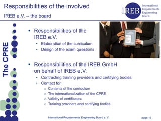 Responsibilities of the involved
   IREB e.V. – the board


                 Responsibilities of the
                  IREB e.V.
Kapitelname 1




                   • Elaboration of the curriculum
  The CPRE




                   • Design of the exam questions


                 Responsibilities of the IREB GmbH
                  on behalf of IREB e.V.
                   • Contracting training providers and certifying bodies
                   • Contact for
                       o   Contents of the curriculum
                       o   The internationalization of the CPRE
                       o   Validity of certificates
                       o   Training providers and certifying bodies


                           International Requirements Engineering Board e. V.   page 16
 