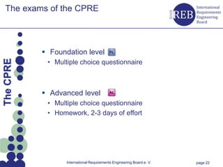 The exams of the CPRE



                 Foundation level
Kapitelname 1




                 • Multiple choice questionnaire
  The CPRE




                 Advanced level
                 • Multiple choice questionnaire
                 • Homework, 2-3 days of effort




                       International Requirements Engineering Board e. V.   page 22
 