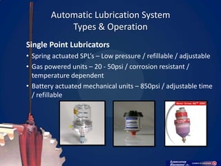 Automatic Lubrication System
            Types & Operation
Single Point Lubricators
• Spring actuated SPL’s – Low pressure / refillable / adjustable
• Gas powered units – 20 - 50psi / corrosion resistant /
  temperature dependent
• Battery actuated mechanical units – 850psi / adjustable time
  / refillable
 