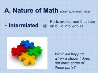 A. Nature of Math (Chinn & Ashcroft, 1998)
• Interrelated
Parts are learned that later
on build into wholes.
What will happen
when a student does
not learn some of
these parts?
 