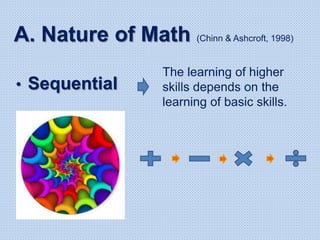 A. Nature of Math (Chinn & Ashcroft, 1998)
• Sequential
The learning of higher
skills depends on the
learning of basic skills.
 