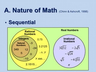 A. Nature of Math (Chinn & Ashcroft, 1998)
• Sequential
 