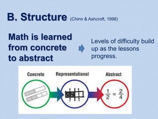 B. Structure (Chinn & Ashcroft, 1998)
Math is learned
from concrete
to abstract
Levels of difficulty build
up as the lessons
progress.
 
