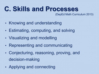 C. Skills and Processes
(DepEd Math Curriculum 2013)
• Knowing and understanding
• Estimating, computing, and solving
• Visualizing and modelling
• Representing and communicating
• Conjecturing, reasoning, proving, and
decision-making
• Applying and connecting
 