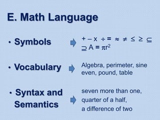 E. Math Language
• Symbols + – x  =     
 A = r2
• Vocabulary Algebra, perimeter, sine
even, pound, table
• Syntax and
Semantics
seven more than one,
quarter of a half,
a difference of two
 