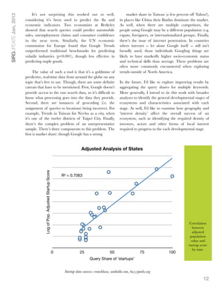 SIRGUPDATE Jan, 2013       It’s not surprising this worked out so well,                                                    market share in Taiwan (a few percent off Yahoo!),
                       considering it’s been used to predict the ﬂu and                                               in places like China their Baidus dominate the market.
                       economic indicators. Two economists at Berkeley                                                As well, when there are multiple competitors, the
                       showed that search queries could predict automobile                                            people using Google may be a different population (e.g.
                       sales, unemployment claims and consumer conﬁdence                                              expats, foreigners, or internationalized groups). Finally,
                       in the near term. Similarly, the UN economic                                                   there’s the issue of internet penetration. In countries
                       commission for Europe found that Google Trends                                                 where internet -- let alone Google itself -- still isn’t
                       outperformed traditional benchmarks for predicting                                             broadly used, those individuals Googling things are
                       volatile industries (p<0.001), though less effective in                                        likely to have markedly higher socio-economic status
                       predicting staple goods.                                                                       and technical skills than average. These problems are
                                                                                                                      often more commonly encountered when exploring
                            The value of such a tool is that it’s a goldmine of                                       trends outside of North America.
                       predictive, real-time data from around the globe on any
                       topic that’s free to use. Though, there are some deﬁnite                                       In the future, I’d like to explore improving results by
                       caveats that have to be mentioned. First, Google doesn’t                                       aggregating the query shares for multiple keywords.
                       provide access to the raw search data, so it’s difﬁcult to                                     More generally, I intend to tie this work with broader
                       know what processing goes into the data they provide.                                          analyses to identify the general developmental stages of
                       Second, there are instances of geocoding (i.e. the                                             ecosystems and characteristics associated with each
                       assignment of queries to locations) being incorrect. For                                       stage. As well, I’d like to examine how geography and
                       example, Trends in Taiwan list Nei-hu as a city, when                                          ‘interest density’ affect the overall success of an
                       it’s one of the twelve districts of Taipei City. Finally,                                      ecosystem, such as identifying the required density of
                       there’s the complex problem of an unrepresentative                                             investors, actors and other forms of local interest
                       sample. There’s three components to this problem. The                                          required to progress to the each developmental stage.
                       ﬁrst is market share: though Google has a strong


                                                                                          Adjusted Analysis of States
                                    Log of Pop. Adjusted Startup Score




                                                                             R² = 0.7063




                                                                                                                                                                   Correlation
                                                                                                                                                                     between
                                                                                                                                                                     adjusted
                                                                                                                                                                   population
                                                                                                                                                                    value and
                                                                                                                                                                  startup score
                                                                                                                                                                     by state.
                                                                         0               25                    50                    75              100
                                                                                                Query Share of ‘startups’


                                                                              Startup data sources: crunchbase, seedtable.com, buzzsparks.org
                                                                                                                                                                            12
 