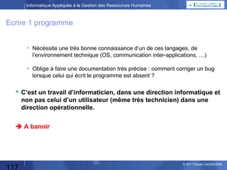 Informatique Appliquée à la Gestion des Ressources Humaines

Préparation du prochain TP : Augmentation en Niveau
Année
N-1
100

?

117

Année
N+1

Augmentation en Niveau
= (115,5 – 100) / 100 = 15,5%
100

D

115,5

Année
N

100

110

J

F

M

110

A

110

M

110

110

110

110

J

J

A

S

115,5

O

115,5

N

115,5 115,5 ?

D

J

© 2013 Xavier LAUGAUDIN

 