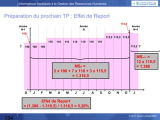 Informatique Appliquée à la Gestion des Ressources Humaines

Préparation du TP : Comprendre !
Année
N-1
100

Année
N

Augmentation
de 10%

Augmentation
de 5%

Année
N+1
?

110 x 1,05 = 115,5

?

100

100

110

110

110

110

110

110

110

J

J

A

S

115,5

115,5

115,5 115,5 ?

Salaire du mois m
= salaire du mois (m-1)
+ augmentation (éventuelle)
= 100 + 10% = 100 x 1,10 = 110

D

154

J

F

M

A

M

O

N

D

J

© 2013 Xavier LAUGAUDIN

 