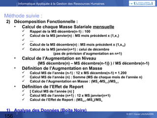 Informatique Appliquée à la Gestion des Ressources Humaines

Méthode suivie :
1)

Xx

2) Décomposition Fonctionnelle : Déterminer 1 plan d’augmentation…
•

•

156

Calcul de chaque Masse Salariale
mensuelle
 Rappel de la MS décembre(n-1) : 100
 Calcul de la MS janvier(n) :
MS mois précédent x (1,x1)
 …
 Calcul de la MS décembre(n) :
MS mois précédent x (1,x12)
 Calcul de la MS janvier(n+1) :
celui de décembre
(pas de prévision d’augmentation en n+1)
…

© 2013 Xavier LAUGAUDIN

 
