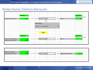 Informatique Appliquée à la Gestion des Ressources Humaines

Préparation du TP : Augmentation en Niveau
Année
N-1
100

?

158

Année
N+1

Augmentation en Niveau
= (115,5 – 100) / 100 = 15,5%
100

D

115,5

Année
N

100

110

J

F

M

110

A

110

M

110

110

110

110

J

J

A

S

115,5

O

115,5

N

115,5 115,5 ?

D

J

© 2013 Xavier LAUGAUDIN

 