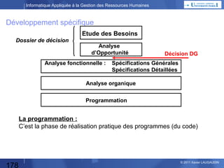 Informatique Appliquée à la Gestion des Ressources Humaines

ROI
 Retour sur Investissement (Return On Investment) et sa durée.
ROI = (Gains-Dépenses)/Dépenses
Durée = A quel moment les dépenses du projet seront-elles couvertes par les gains ?

 Calculer toutes les dépenses liées au projet.
 Calculer toutes les économies (directes) grâce au projet.

Dépenses

Economies

Economies = Dépenses

178

© 2013 Xavier LAUGAUDIN

 