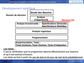 Informatique Appliquée à la Gestion des Ressources Humaines

2 Acteurs Majeurs
Maîtrise d’Ouvrage et Maîtrise d’Oeuvre (ou Maître…)
Maîtrise d’Ouvrage : MOA :
La MOA est l’entité « porteuse » du besoin.
Elle définit l’objectif du projet, son calendrier et son budget.
La MOA « paye », c’est la Direction Opérationnelle qui demande le projet.
Elle représente les « utilisateurs finaux ».
Elle est donc responsable de l’expression fonctionnelle des besoins,
mais n’a pas (forcément) de compétence technique.
Elle est donc en charge de la décomposition fonctionnelle
et de la définition des échanges de données (Boite Noire).

Maîtrise d’Ouvrage Déléguée : AMOA :
Lorsque le Maître d’Ouvrage ne possède pas l’expérience nécessaire
(ex: nouvelle pratique) ou qu’il n’a pas les ressources (personnel) suffisantes,
il peut se faire assister par un Maître d’Ouvrage Délégué
= Assistance à Maîtrise d’Ouvrage, tel qu’un cabinet de Consulting.

179

© 2013 Xavier LAUGAUDIN

 